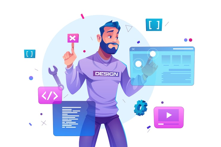 Illustration of a web designer working with UI elements, coding icons, and interface screens, representing affordable website design services for your business.