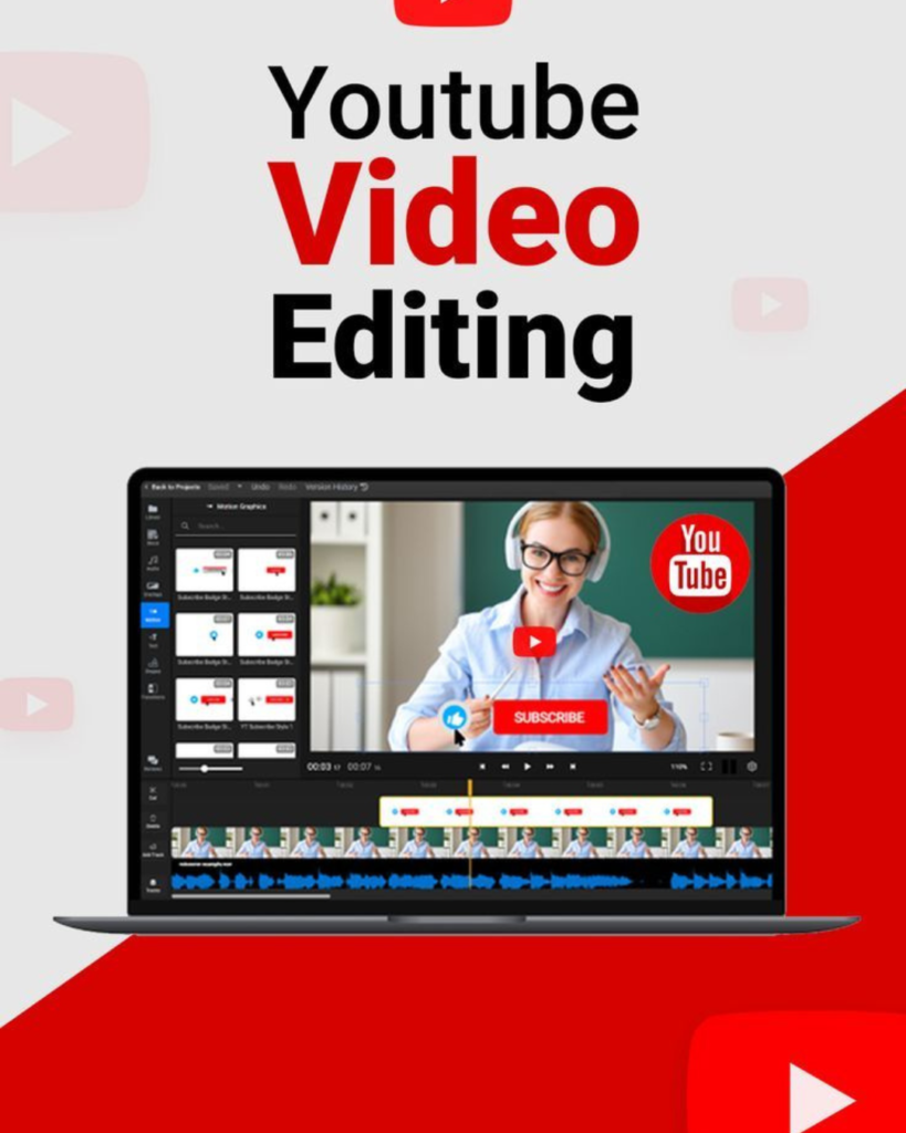 Video Editing Services for YouTube showing a laptop with video editing software, timeline, and creator content optimized for engaging YouTube videos