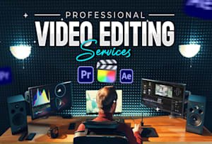 Video Editing Services workspace with professional editor using multiple monitors, editing software, and studio setup for high-quality video production